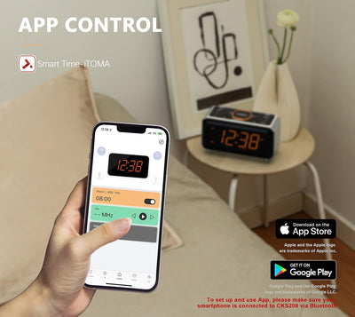 Radiowecker mit App-Steuerung, Bluetooth, FM-Radio, Dual Alarm von 4-Alarmmodi, Easy Snooze, Dimmer,