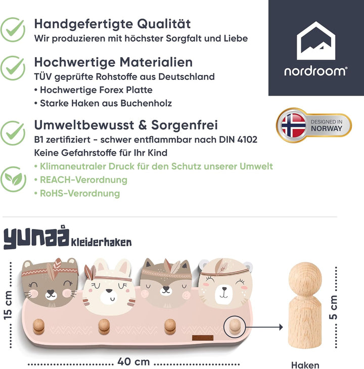 Kindergarderobe mit 4 Haken - Wandgarderobe mit Tiermotiven für Kinderzimmer - Garderobenhaken aus H