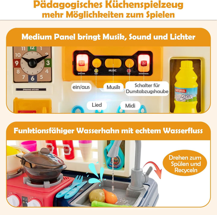 DREAMADE Kinderküche mit 38 TLG. Zubehör, Kinderspielküche mit Spülbecken Wasserhahn Herd Öfen, Spie