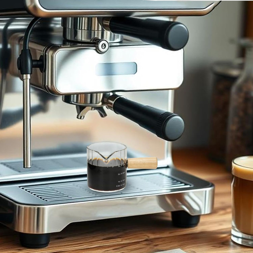 Espressotassen 2er-Set, 118 ml Espresso-Shotgläser mit Holzgriff, Tassen mit V-förmigen Ausgiessern,