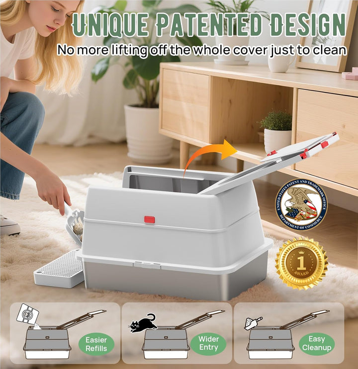 Edelstahl Katzenklo XXL aus V2A – 62 cm Geschlossene Katzentoilette mit 160° Klappdeckel, 3-in-1 Des