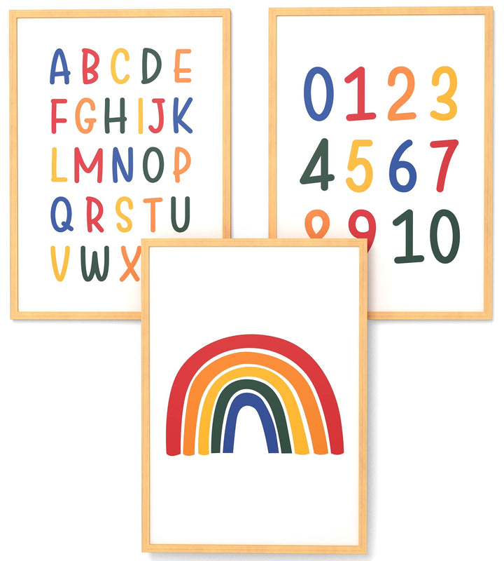 Papierschmiede® Kinderbilder 3er Set Lernposter, A3 gerahmt in Holzrahmen (Natur), Geschenk für Mädc