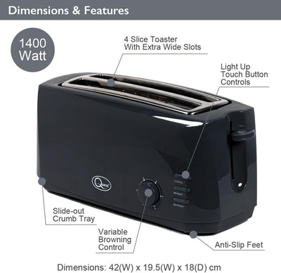 Quest 35069 Toaster mit 4 Schlitzen, extra breite Schlitze, Cool Touch, 1400 W, Schwarz