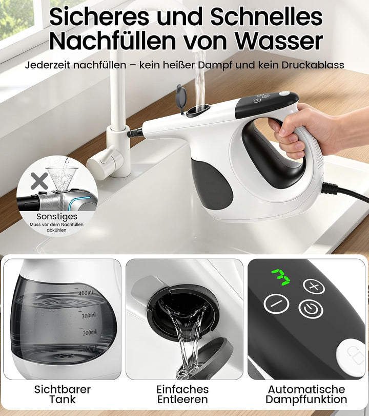 JBER Dampfreiniger Handgerät 1200W für Heim, 3 Sek.Aufheizzeit, 400ML Tank | Vielseitiger Dampfreini