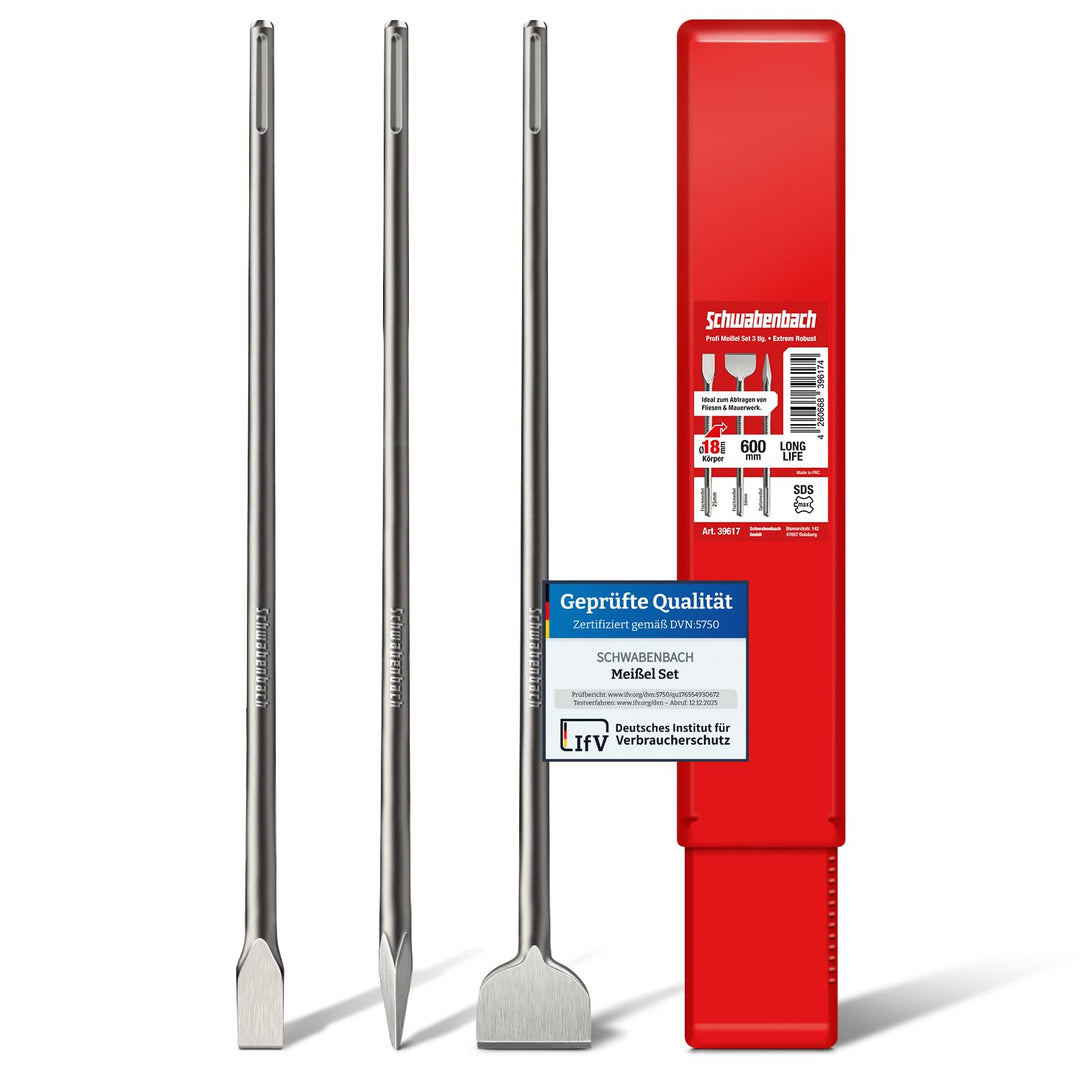SCHWABENBACH® SDS Max Meissel 600mm Set - 3tlg. 25mm + 50mm + Spitzmeissel - EXTREM ROBUST- Meissel