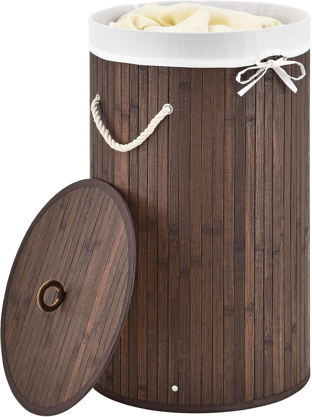 Juskys Bambus Wäschekorb Curly-Round Braun 55L - Hygienischer & Faltbarer Wäschekorb mit Deckel, Tra