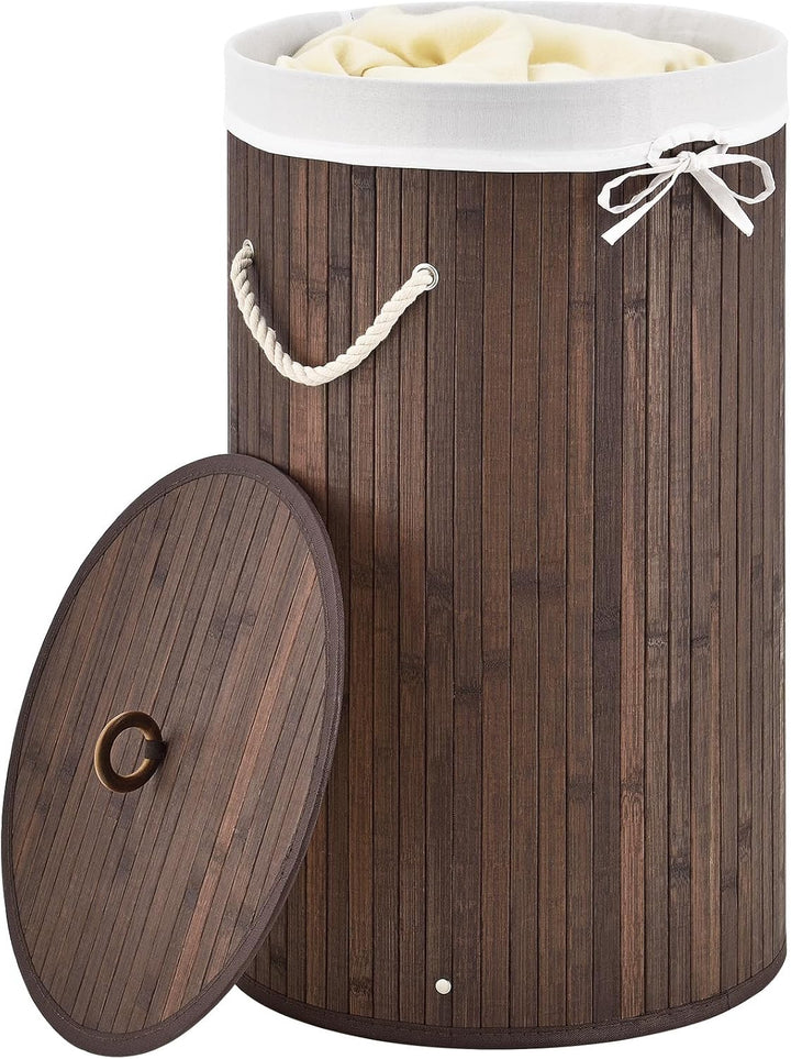 Juskys Bambus Wäschekorb Curly-Round Braun 55L - Hygienischer & Faltbarer Wäschekorb mit Deckel, Tra