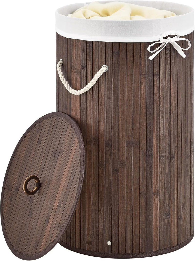 Juskys Bambus Wäschekorb Curly-Round Braun 55L - Hygienischer & Faltbarer Wäschekorb mit Deckel, Tra