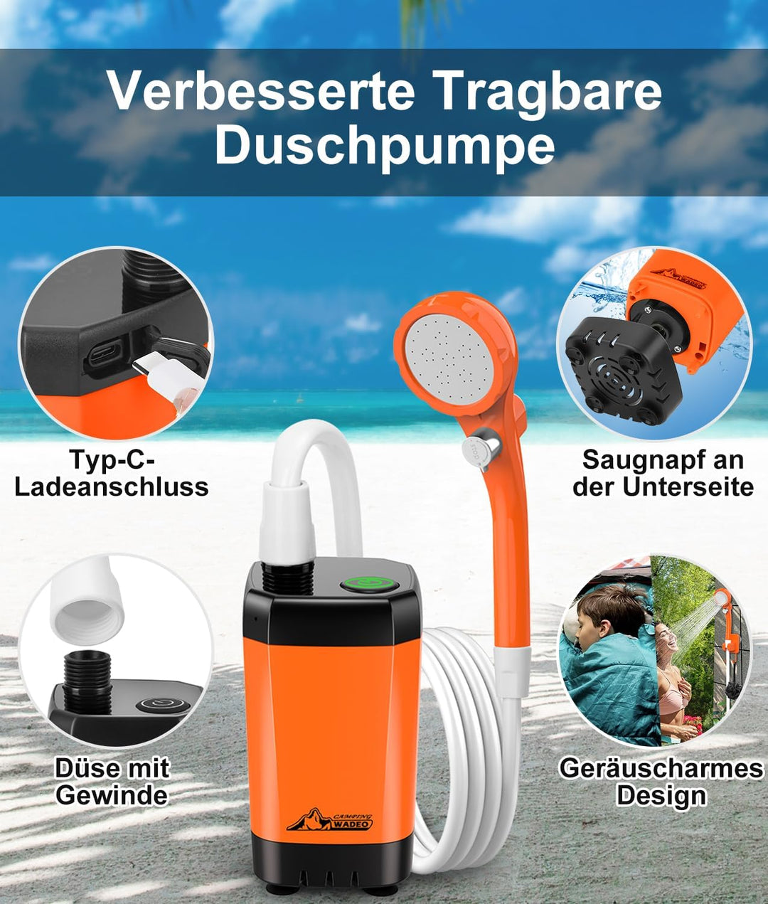WADEO Tragbare Campingdusche Akku mit Pumpe, Camping Dusche Outdoor mit wiederaufladbarem 4500-mAh-A