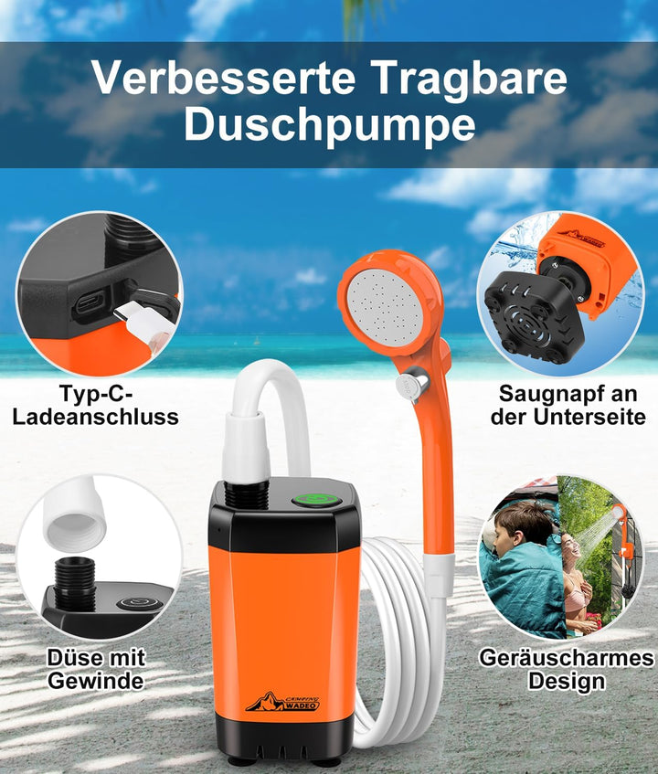 WADEO Tragbare Campingdusche Akku mit Pumpe, Camping Dusche Outdoor mit wiederaufladbarem 4500-mAh-A