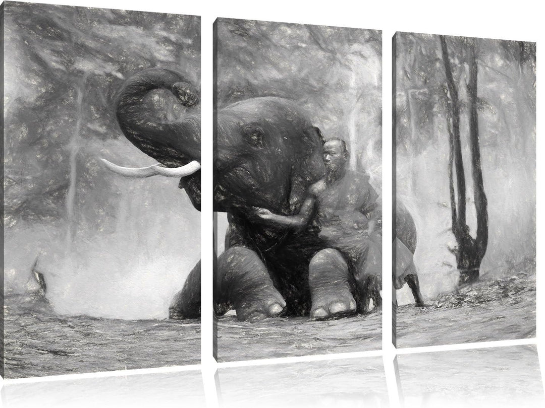 Pixxprint Mönch mit Elefanten im Wald / 3-Teilig/Gesamtmass 120cm Leinwandbild bespannt auf Holzrahm