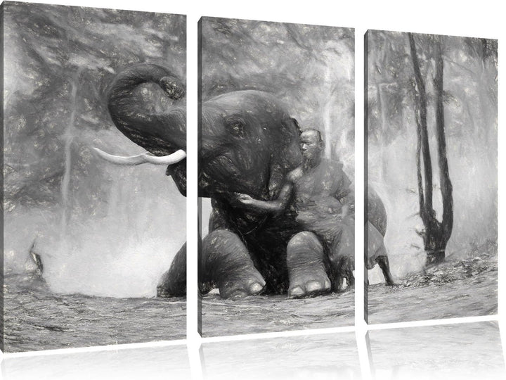 Pixxprint Mönch mit Elefanten im Wald / 3-Teilig/Gesamtmass 120cm Leinwandbild bespannt auf Holzrahm