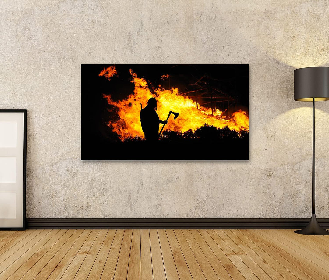 islandburner Bild auf Leinwand Ein Wikinger im Brennenden Gebäude Bilder Wandbilder Poster Leinwand