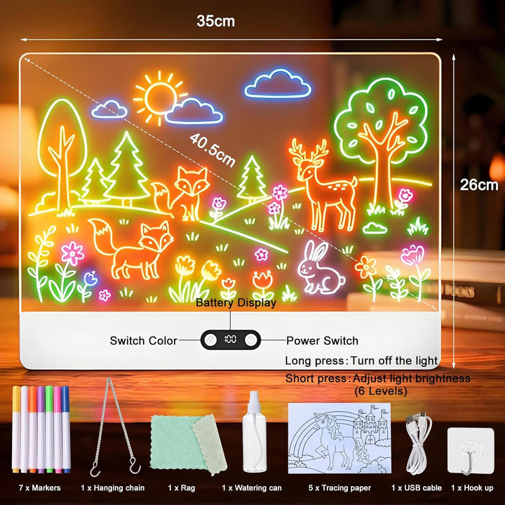 LED Zeichenbrett,Wiederaufladbare Led Zeichenbrett für Kinder mit 8 Farben,3 Modi,35x26cm Neon Art T