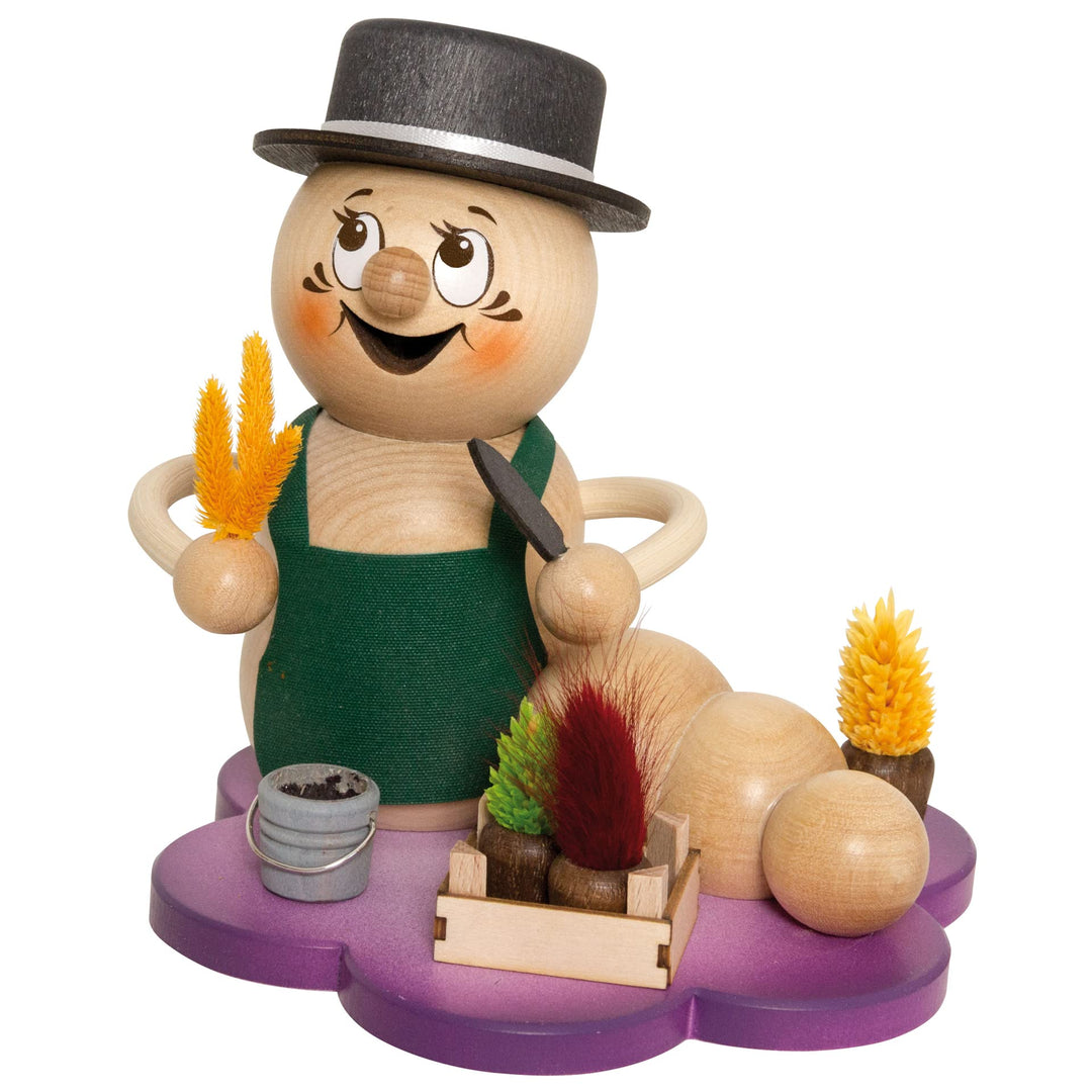 Drechslerei Kuhnert Rauchmann/Räucherfigur - Rauchwurm aus Holz - Rudi &amp; ROSI - Motiv: Gärtner-Rudi