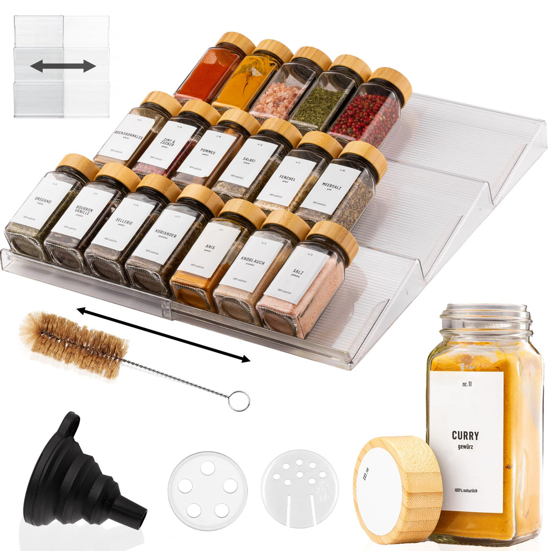 Deco haus® Gewürzregal Schublade [MIT 24 GEWÜRZGLÄSER & ETIKETTEN] - Gewürz Organizer Schublade - Ge