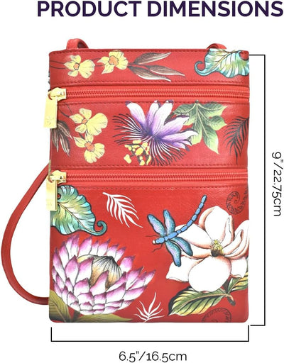 Anuschka Damen Women's Leather Hand Painted Double Zip Travel Crossbody Bag Umhängetasche, Handtasch