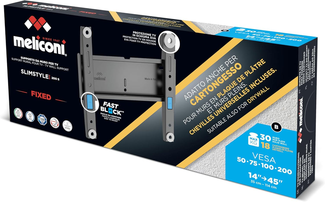 Meliconi Slimstyle Plus 200 S, Feste TV-Wandhalterung, auch geeignet für Gipskarton, für TV von 26 Z