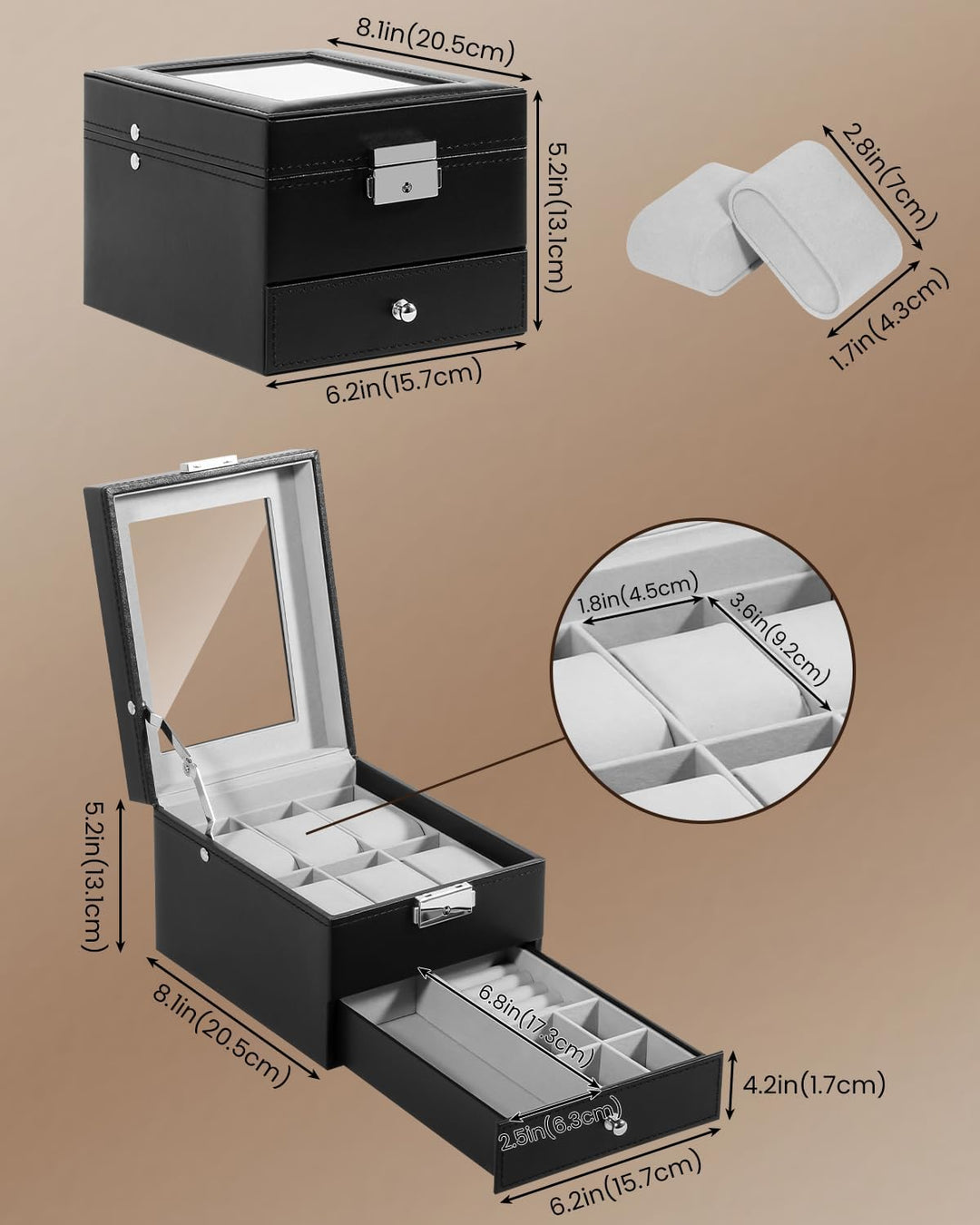 Uten Uhrenbox, 6 Fächern und 1 Schublade mit Schlüsselschloss, Glasdeckel, Schwarzes PU, Graues Samt