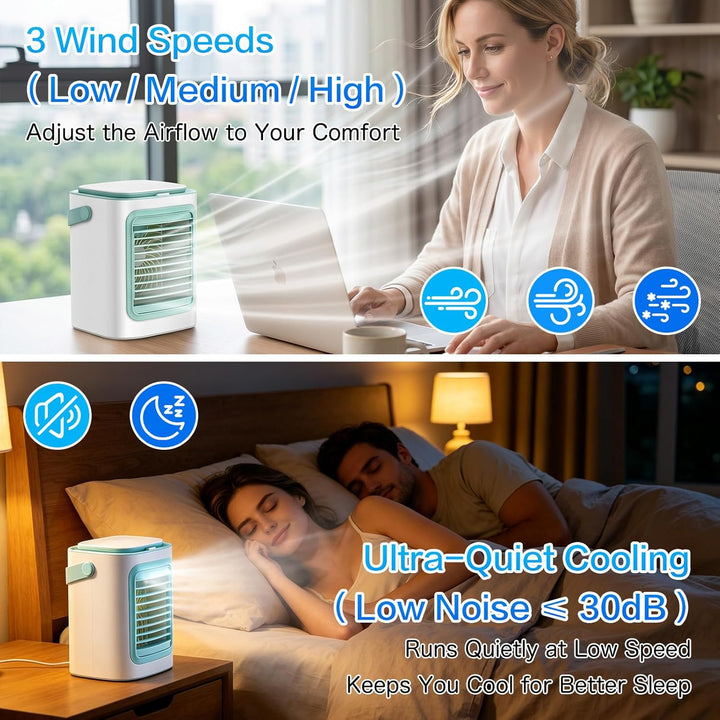 Tragbarer Mini-Klimagerät-Ventilator mit Kühlfunktion, leise, 3 Windstufen und Kaltvernebelung, Mini