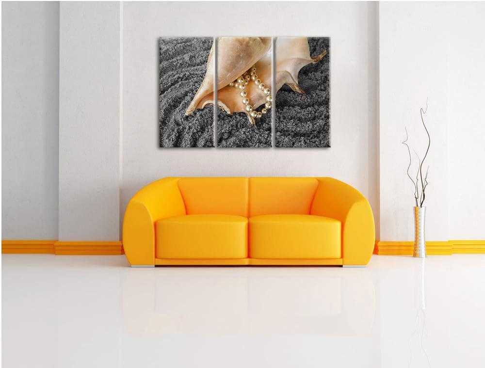 Muschel mit Perlenkette im Sand schwarz/weiss 3-Teiler Leinwandbild 120x80 Bild auf Leinwand, XXL ri
