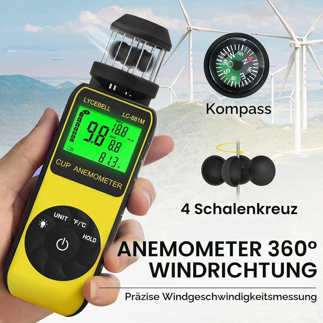 LYCEBELL Windmesser Windmessgerät, Handheld Digitaler Anemometer, Misst Windgeschwindigkeit Luftfeuc