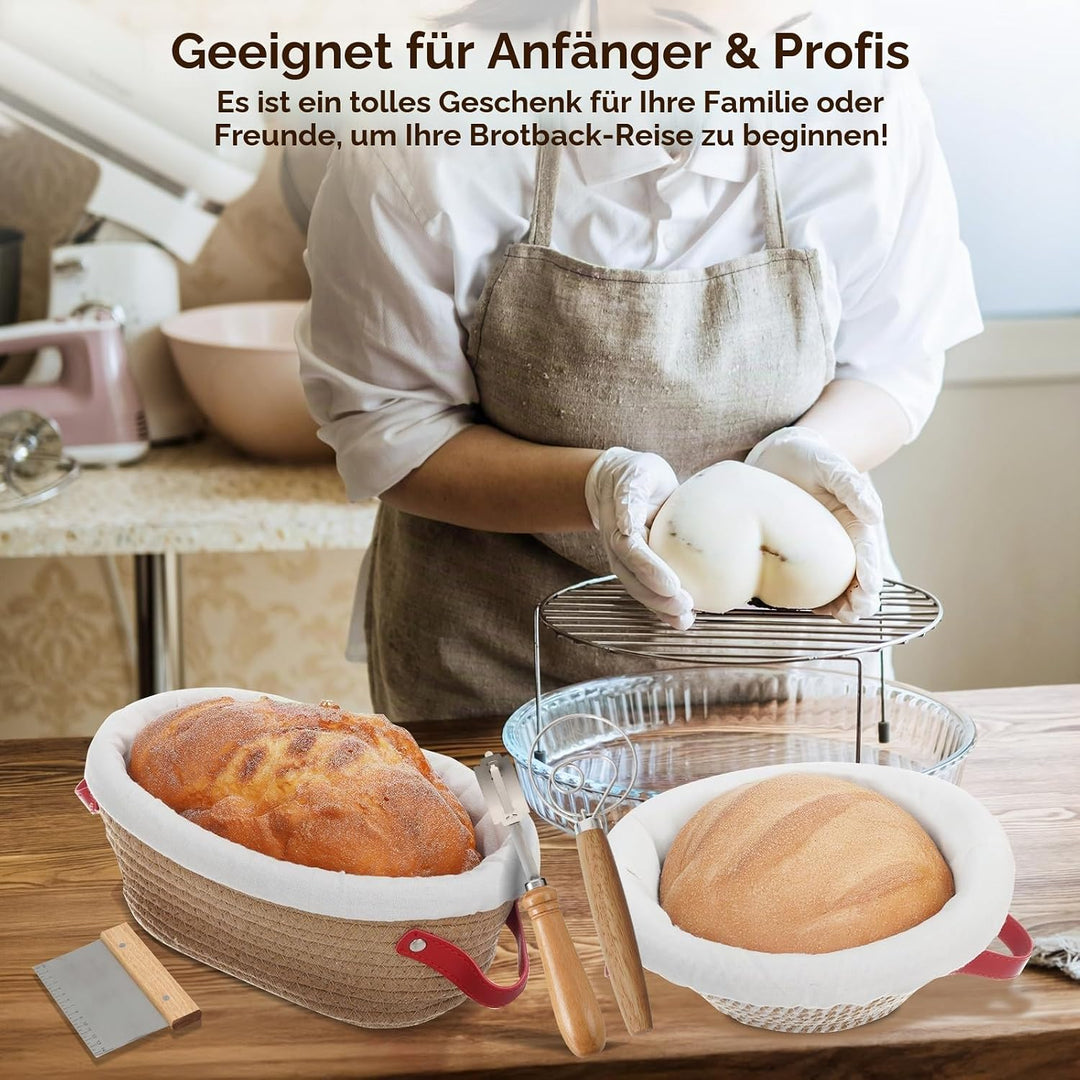 Gärkörbchen aus Baumwollseil für Brot, Sauerteig Starter Set, Komplettset Brot Backen Zubehör Mit Bä