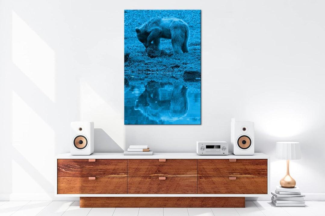 deyoli Verspielter brauner Bär Format 80x60 Effekt: Monocrome Blau als Leinwandbild, Motiv fertig ge