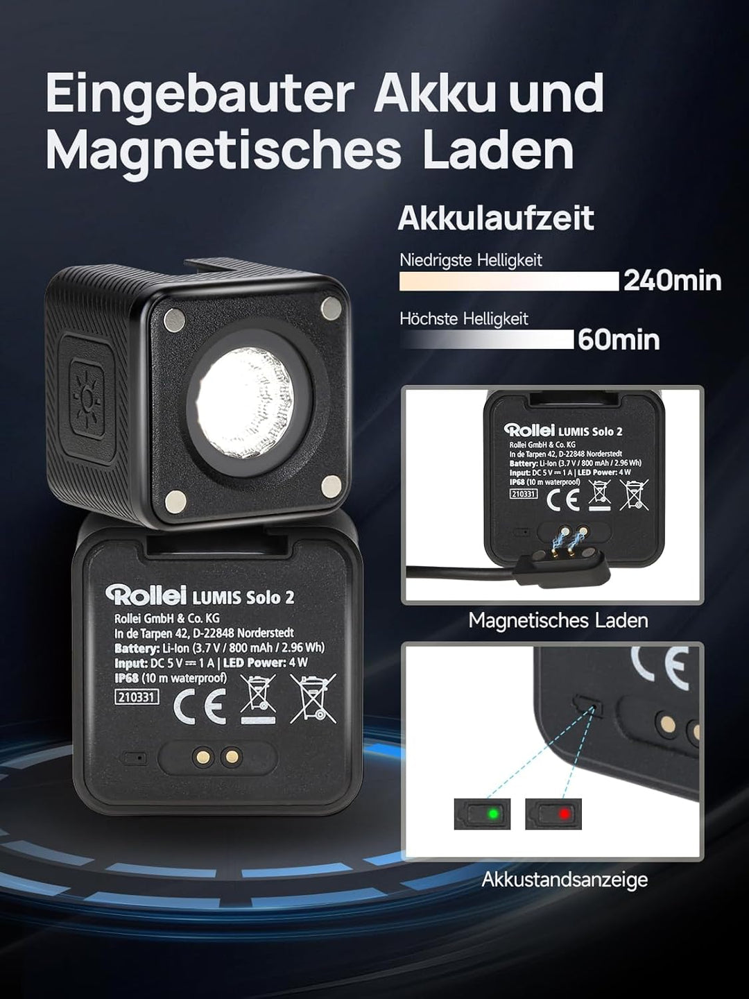 Rollei Lumis Solo 2 - LED Würfel. Kleiner LED Würfel inkl. Farbfilter für den Einsatz unterwegs. Opt