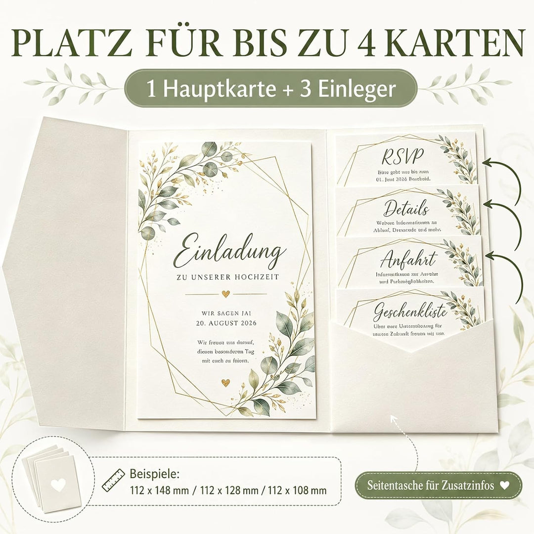 Pocketfold Einladungskarten Blanko Elfenbein, 30 Stück | Dreifachfalz-Design, 36 Goldfolien-Sticker