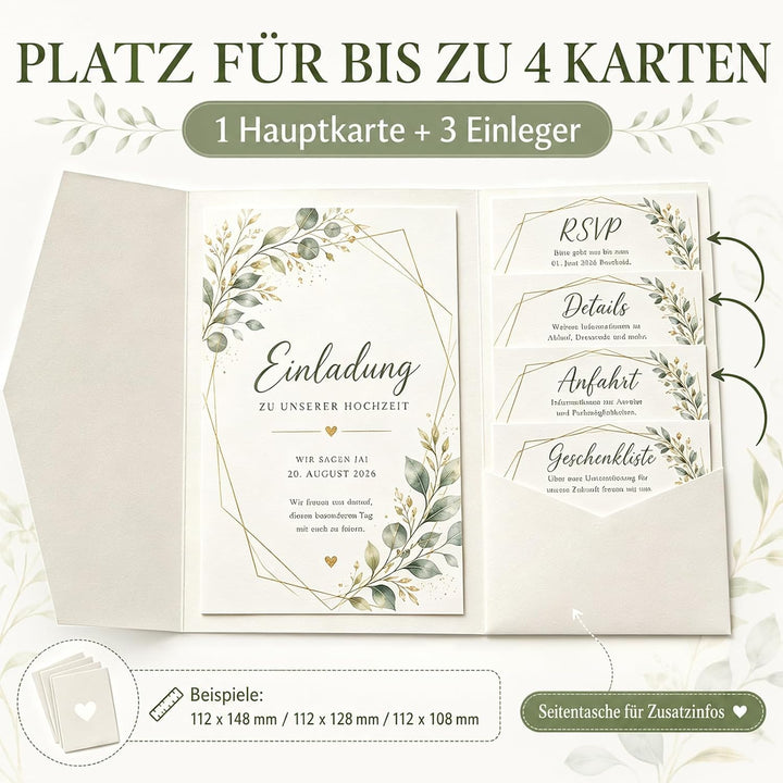 Pocketfold Einladungskarten Blanko Elfenbein, 30 Stück | Dreifachfalz-Design, 36 Goldfolien-Sticker