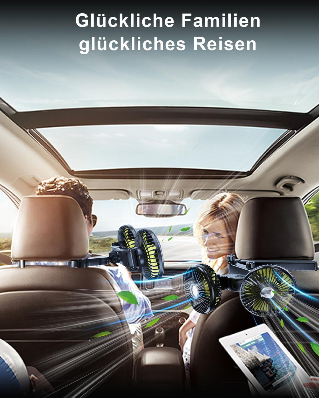 Akku Ventilator Auto,Kopfstütze Leise Lüfter【inkl. 12V 24V Zigarettenanzünder &amp; USB C Ladekabel】 360