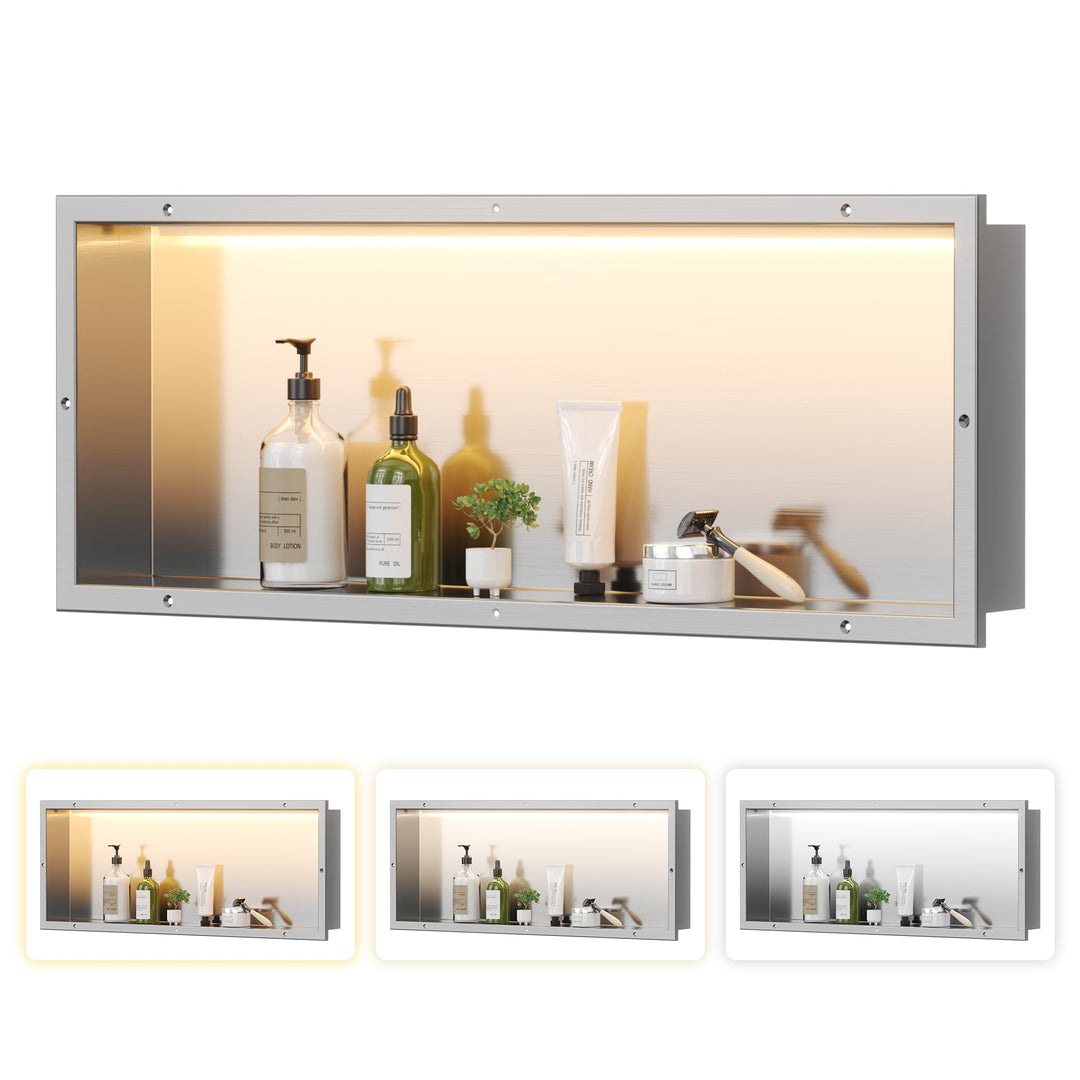 Wandnische Dusche Aluminium mit LED-Licht, Duschnische Befliesbar 60x30cm mit 3 Farbtemperatur für B