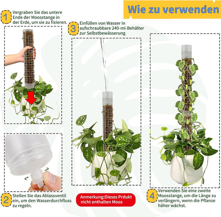 Selbstbewässerung moosstab - 2 x 44cm ausziehbare Pflanzenstützen für Zimmerpflanzen - 80 cm Kunstst