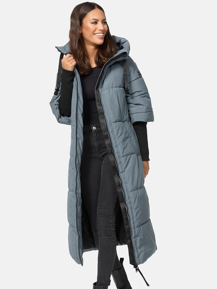 Navahoo Damen Wintermantel Warmer Steppmantel lang mit Kapuze und Rippstrickärmeln Ciao MIAU XIV XS-