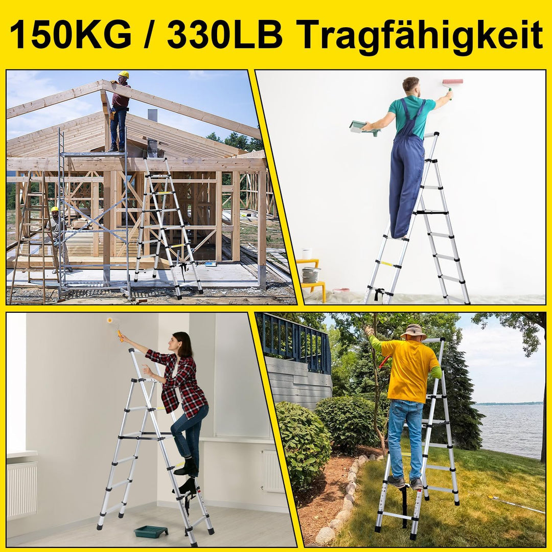 Fiqops 1.4m+1.7m Aluminium Teleskopleiter Klappleiter A-Rahmen 4 + 5 Stufen, Ausziehleiter für Dachr