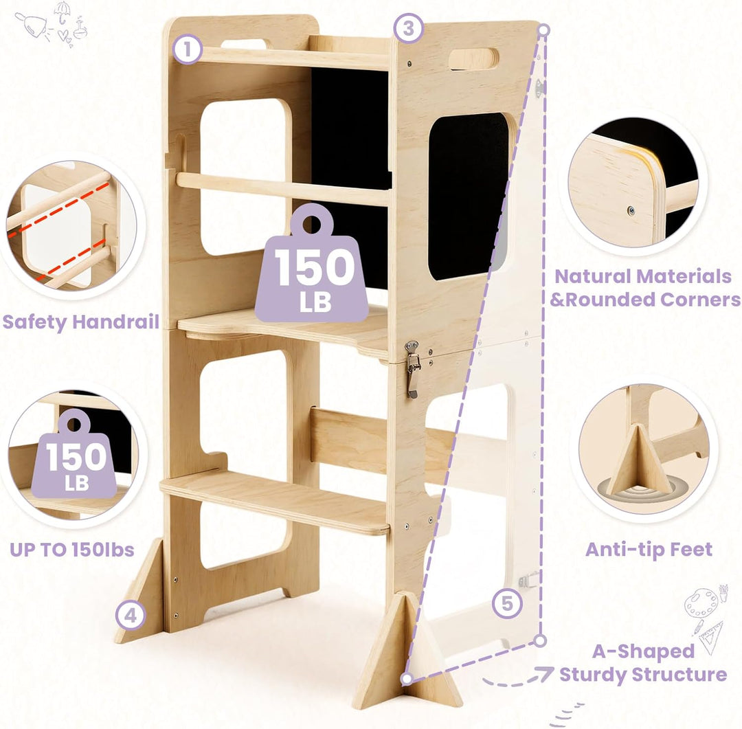 Labebe Lernturm für Kinder, Faltbarer Montessori Learning Tower, 3 in 1 Montessori Küchenhelfer Lern