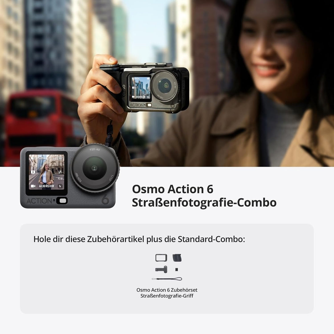 DJI Osmo Action 6 Strassenfotografie-Combo, Unterwasser-Action-Cam mit Handgriff und Zubehörschuh-Au