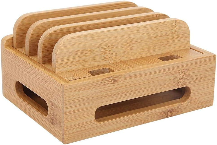 Fdit Bamboo Multi-Device Stand, Ladestation für mehrere Geräte, Ladestation Telefon Tablet Cord Orga
