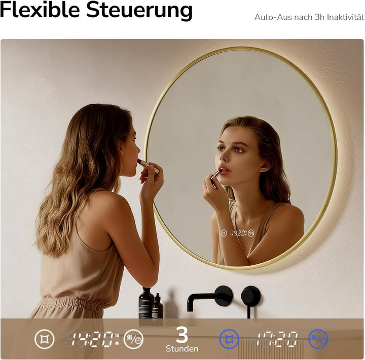 EMKE LED Badspiegel Rund Spiegel mit Beleuchtung ф70cm Gebürstetem Goldrahmen LED Badezimmerspiegel