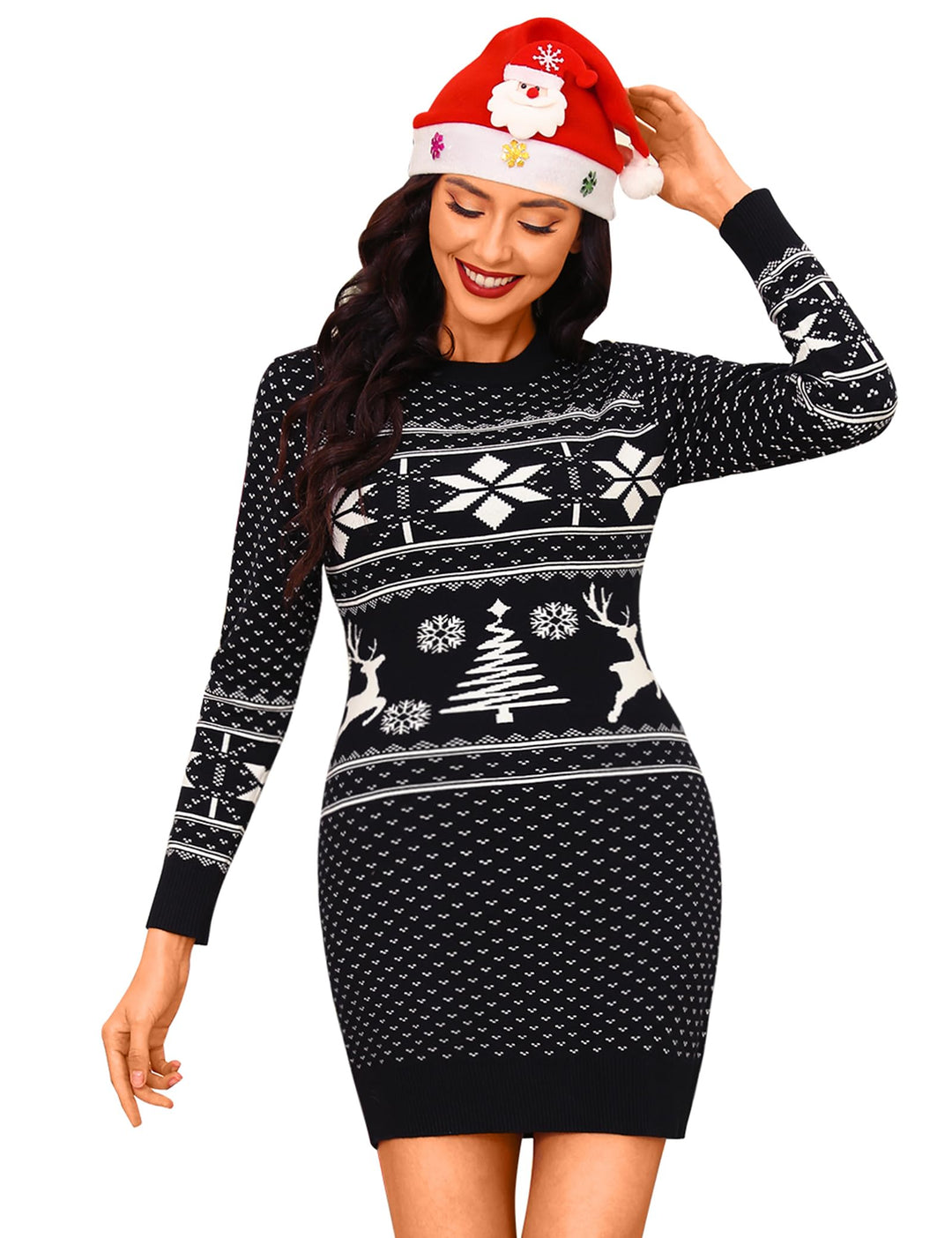 Cowasto Strickkleid Damen Weihnachtskleid Rundhals Winterkleid Langarm Pulloverkleid Frauen Weihnach