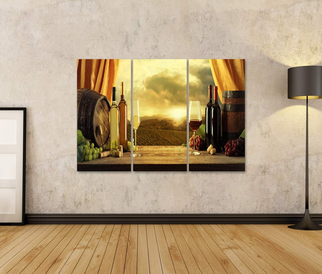 islandburner, Bild auf Leinwand Weinflaschen, Fässer und Weinberg bei Sonnenuntergang Wandbild Leinw
