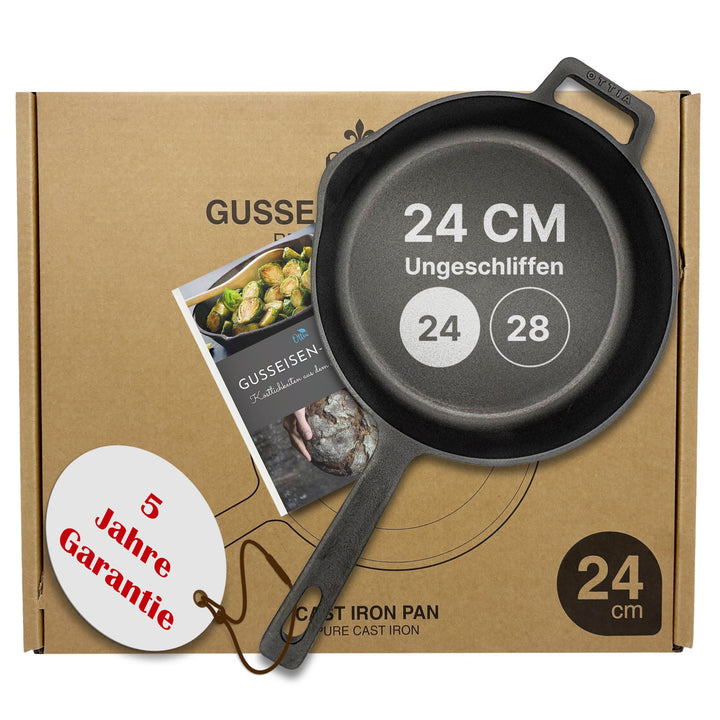 Ottia reine Gusseisenpfanne Induktion 24cm (ungeschliffen), kratzfest, frei von PFOAS und co, inkl e