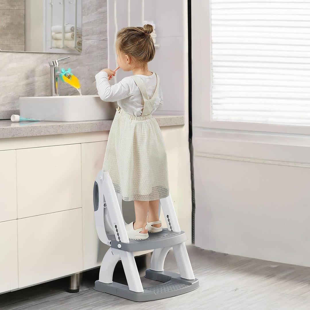 Toilettensitz Kinder mit Treppe, Höhenverstellbar Faltbarer 2-in-1 Toilettensitz Kinder mit Gepolste