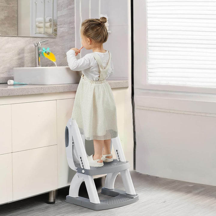 Toilettensitz Kinder mit Treppe, Höhenverstellbar Faltbarer 2-in-1 Toilettensitz Kinder mit Gepolste