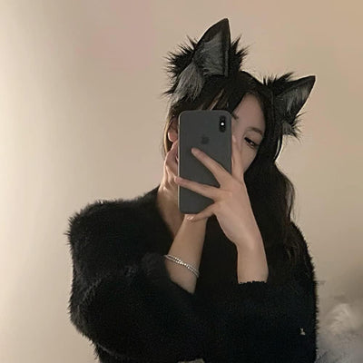 VIGVAN Handgemachte Wolf Fuchs Ohren Cosplay Kopf Zubehör Kawaii Haarband (Wolf Schwarz Grau), Wolf