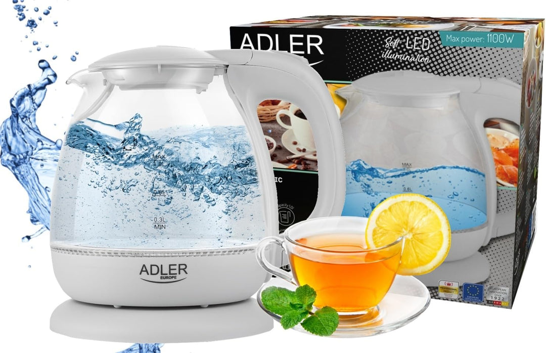 adler AD 1238 Elektrischer Wasserkocher aus Glas, klein, 1 l, 1100 W, LED-Beleuchtung, 1100 W, 1 Lit