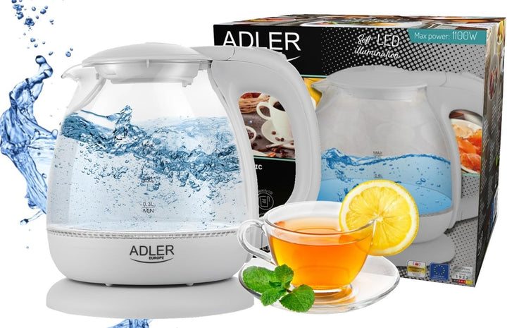 adler AD 1238 Elektrischer Wasserkocher aus Glas, klein, 1 l, 1100 W, LED-Beleuchtung, 1100 W, 1 Lit