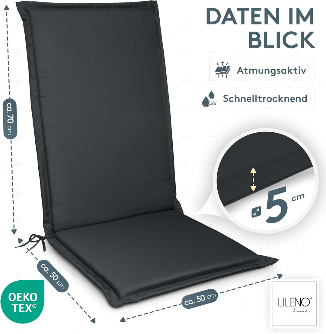 LILENO HOME Gartenstuhl Auflagen [4er Set - Hochlehner] in Anthrazit - Bequeme Liegen als Sitzauflag