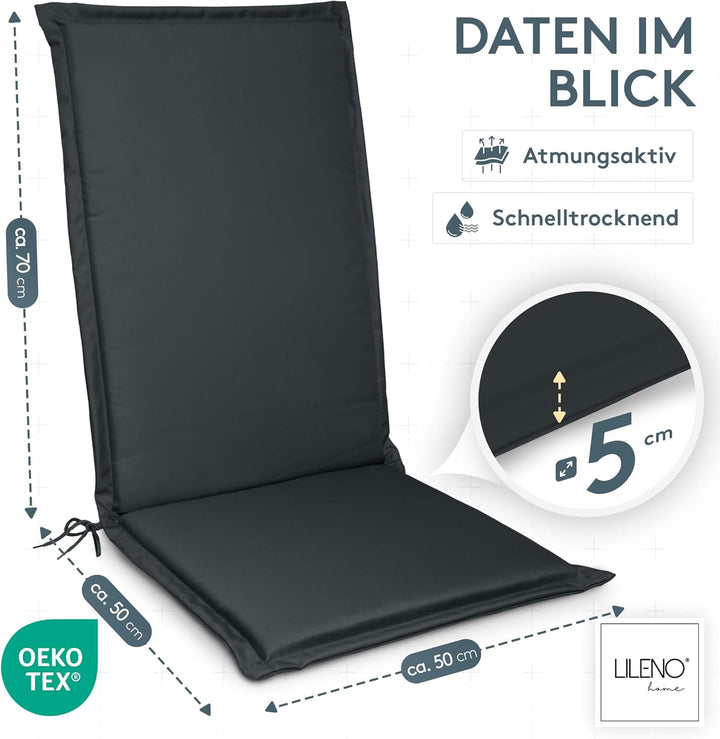 LILENO HOME Gartenstuhl Auflagen [4er Set - Hochlehner] in Anthrazit - Bequeme Liegen als Sitzauflag